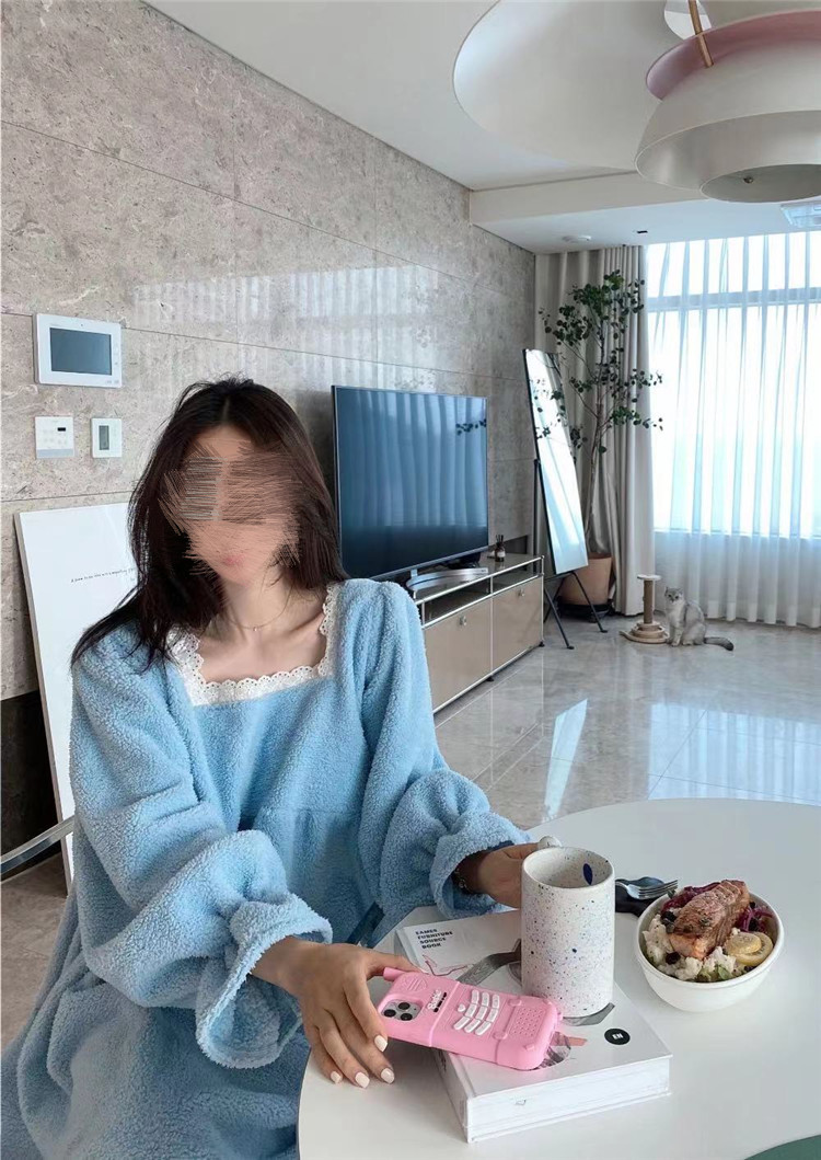 レディース ルームウェア 秋冬暖か四角ネック厚手ルームウェアワンピース