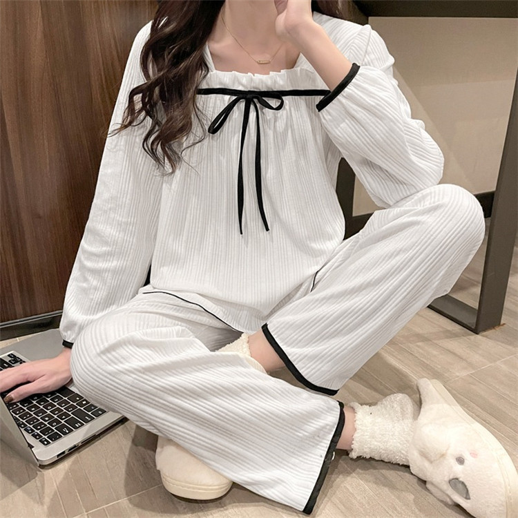 レディース ルームウェア 可愛いリボン付き長袖パジャマ上下セット