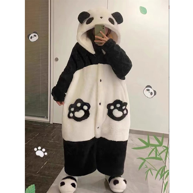 レディースルームウェア前開きパンダ着ぐるみ着る毛布