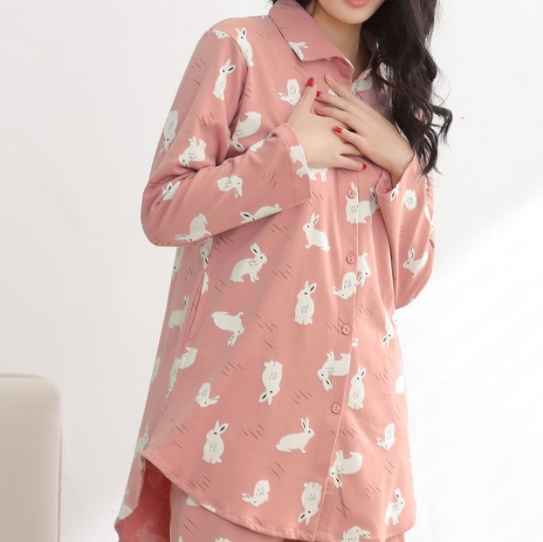 レディース ルームウェア うさぎ柄シャツワンピース 長袖パジャマ