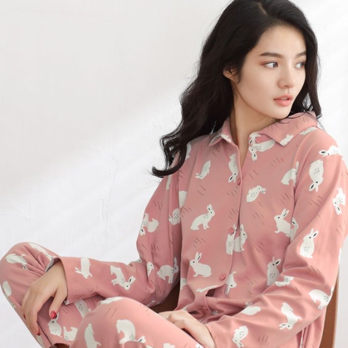 レディース ルームウェア うさぎ柄シャツワンピース 長袖パジャマ