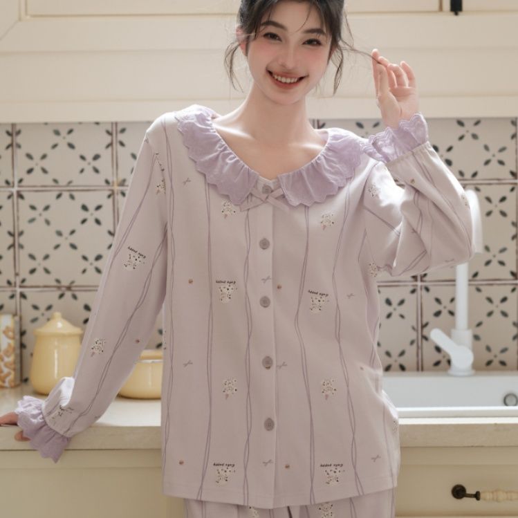 レディース ルームウェア 優美フリル襟 花柄ストライプ長袖パジャマ
