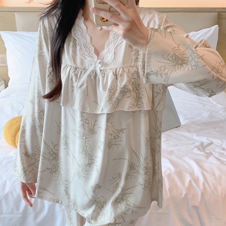 レディース ルームウェア 優美な花柄フリルパジャマ 長袖上下セット