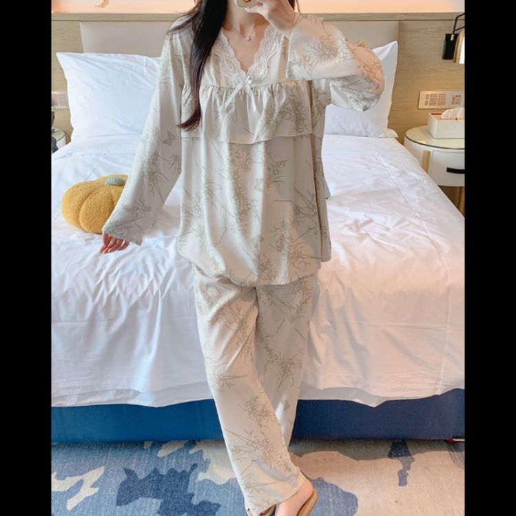 レディース ルームウェア 優美な花柄フリルパジャマ 長袖上下セット