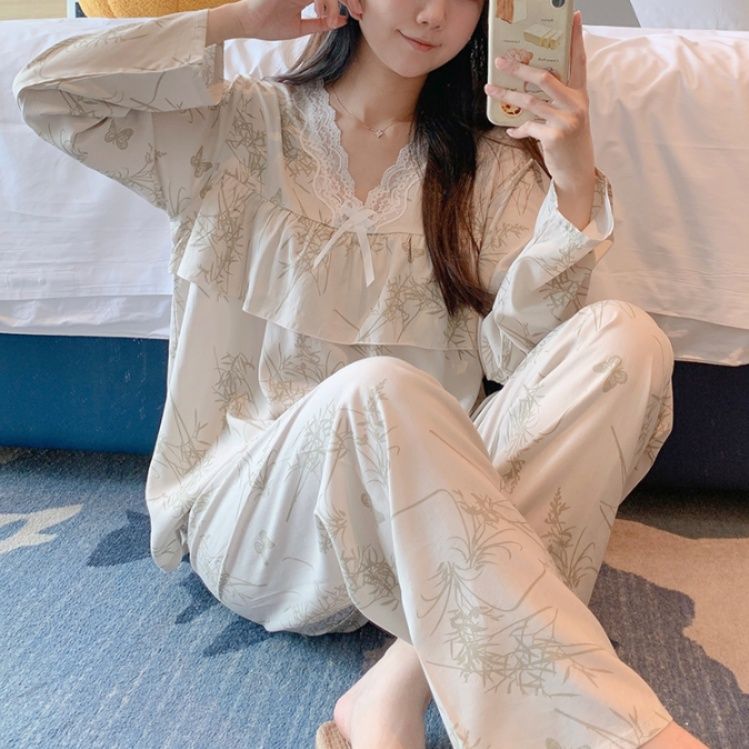 レディース ルームウェア 優美な花柄フリルパジャマ 長袖上下セット