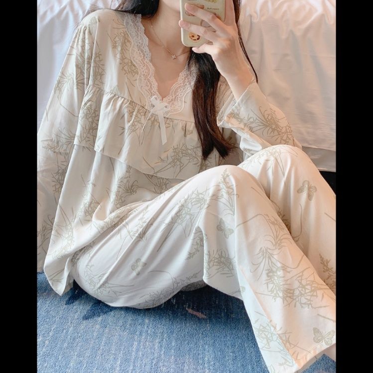 レディース ルームウェア 優美な花柄フリルパジャマ 長袖上下セット