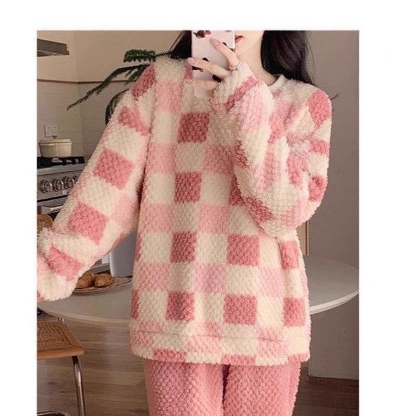 レディース ルームウェア チェック柄もこもこ厚手パジャマセットアップ4色展開