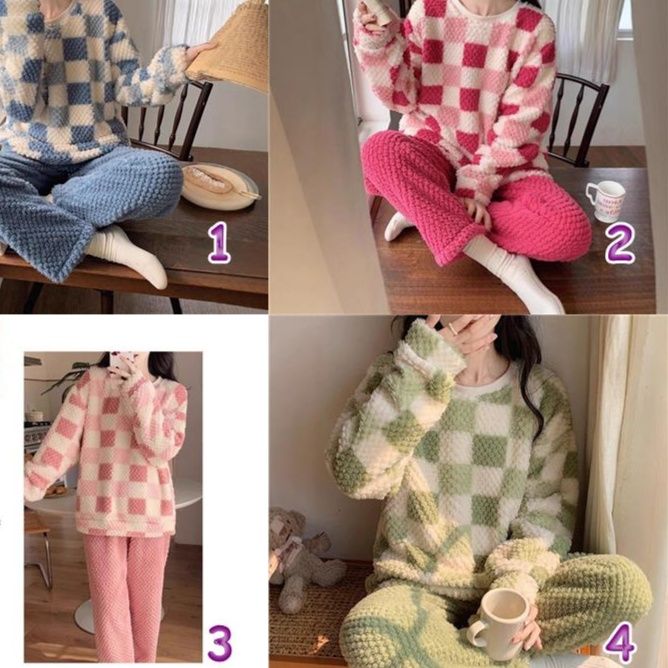 レディース ルームウェア チェック柄もこもこ厚手パジャマセットアップ4色展開