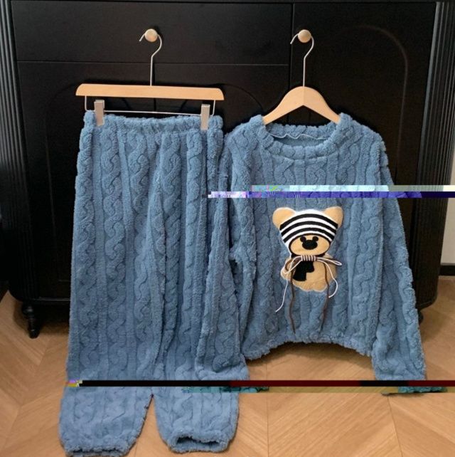 レディース ルームウェア もこもこ厚手パジャマ上下セット くま刺繍