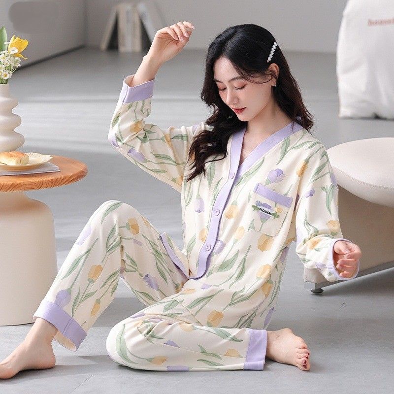 レディース ルームウェア 肌に優しい綿素材花柄長袖パジャマセットアップ