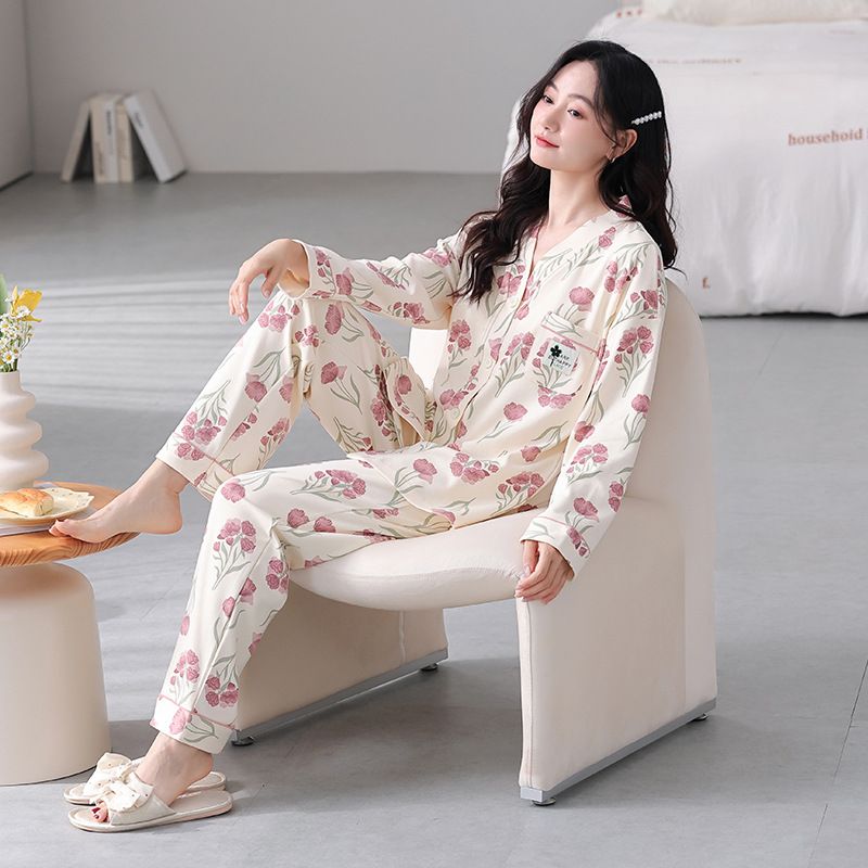 レディース ルームウェア 肌に優しい綿素材花柄長袖パジャマセットアップ