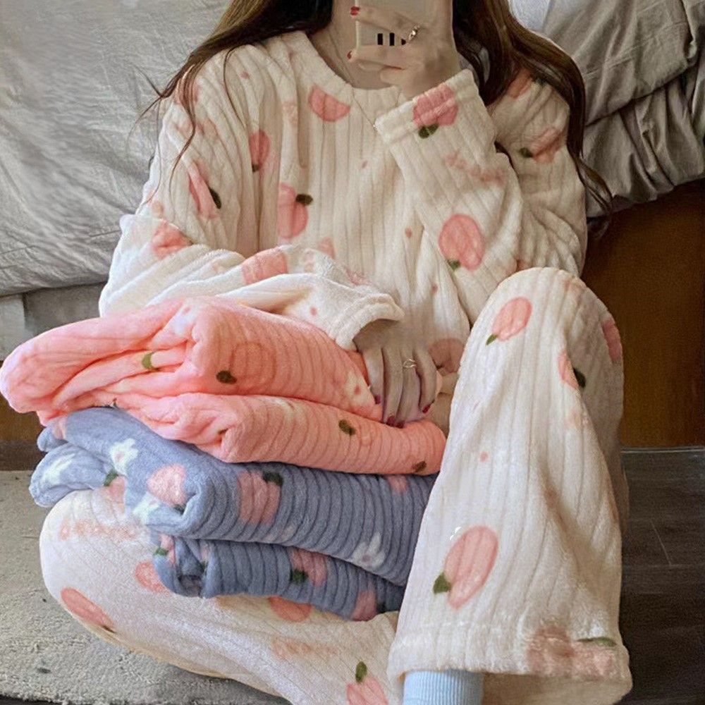 レディースルームウェアセットアップ桃柄もこもこ長袖パジャマ