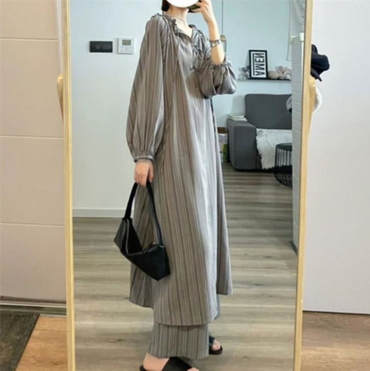 レディースルームウェアセットアップ秋冬ストライプ長袖パジャマロングワンピース