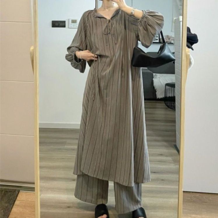 レディースルームウェアセットアップ秋冬ストライプ長袖パジャマロングワンピース