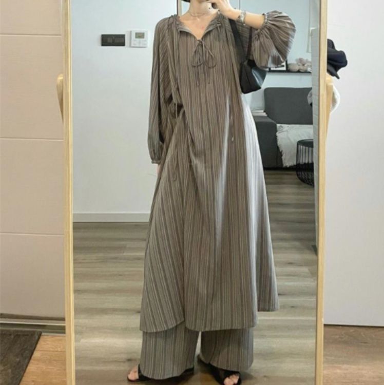 レディースルームウェアセットアップ秋冬ストライプ長袖パジャマロングワンピース