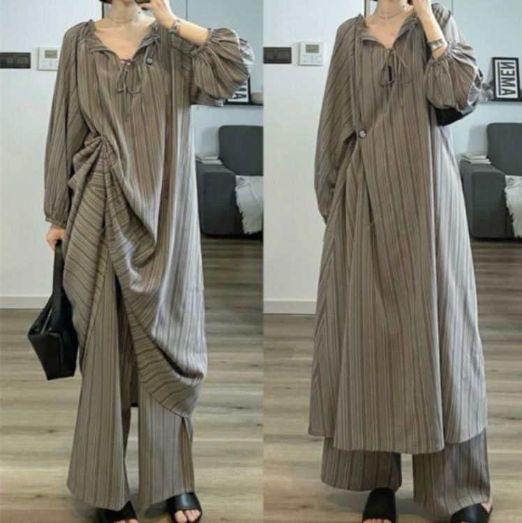 レディースルームウェアセットアップ秋冬ストライプ長袖パジャマロングワンピース