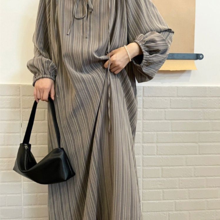 レディースルームウェアセットアップ秋冬ストライプ長袖パジャマロングワンピース