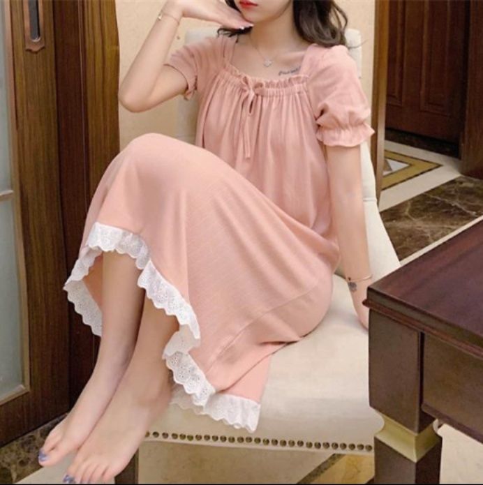 レディースルームウェアワンピース可愛い半袖ネグリジェパフスリーブレース付き大きいサイズ対応