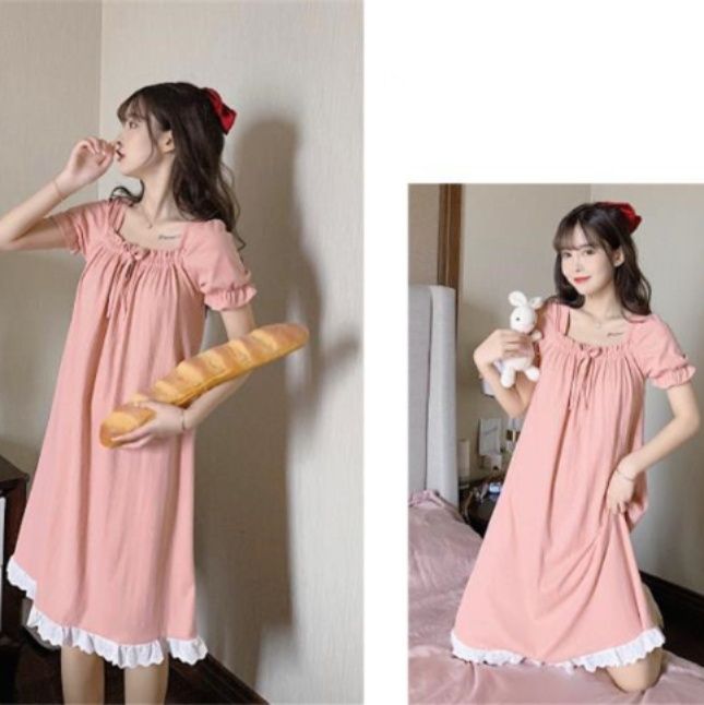 レディースルームウェアワンピース可愛い半袖ネグリジェパフスリーブレース付き大きいサイズ対応