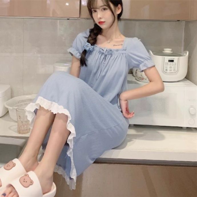 レディースルームウェアワンピース可愛い半袖ネグリジェパフスリーブレース付き大きいサイズ対応