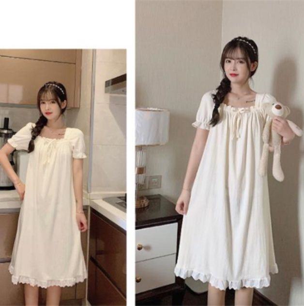 レディースルームウェアワンピース可愛い半袖ネグリジェパフスリーブレース付き大きいサイズ対応