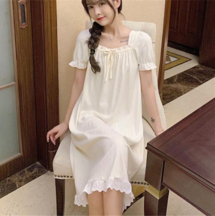 レディースルームウェアワンピース可愛い半袖ネグリジェパフスリーブレース付き大きいサイズ対応