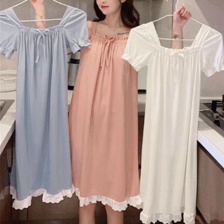 レディースルームウェアワンピース可愛い半袖ネグリジェパフスリーブレース付き大きいサイズ対応