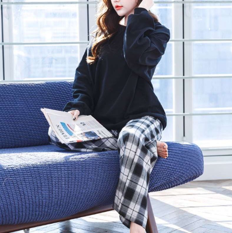 レディース ルームウェアセットアップゆったり長袖とチェック柄パンツ