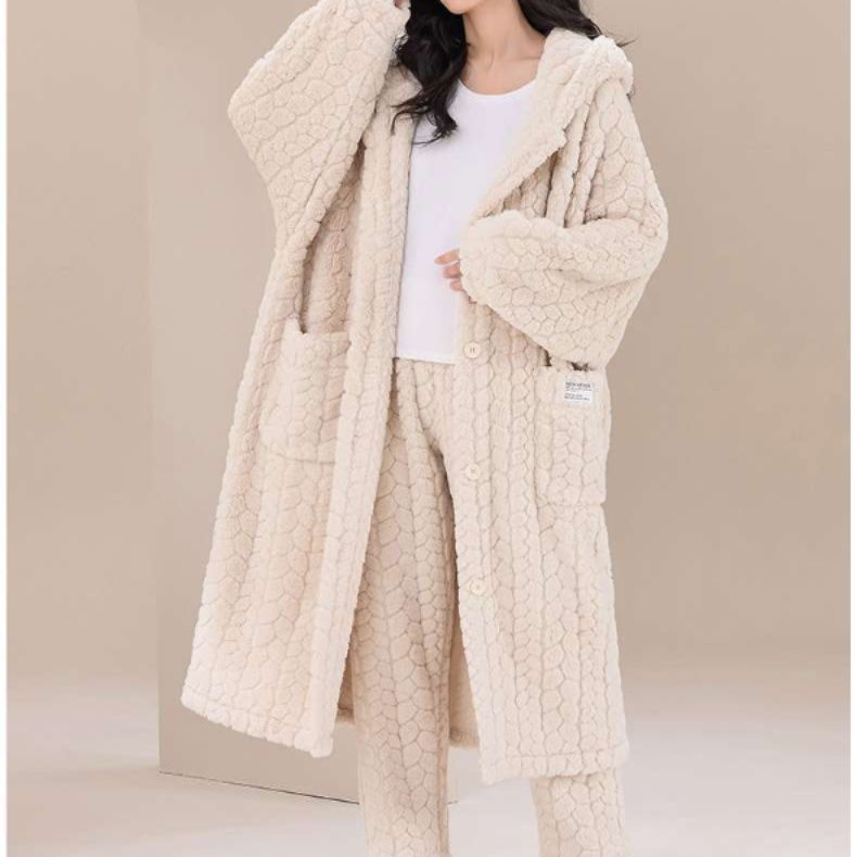 レディースルームウェアもこもこフード付き暖か上下セットアップ