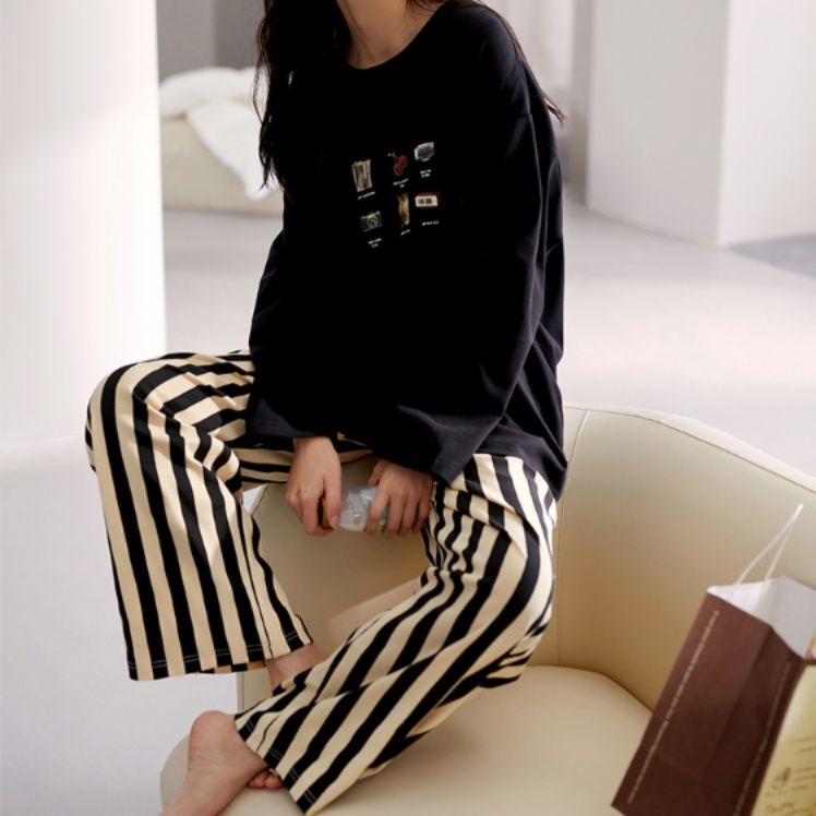 レディースルームウェアセットアップゆったり縞模様長袖