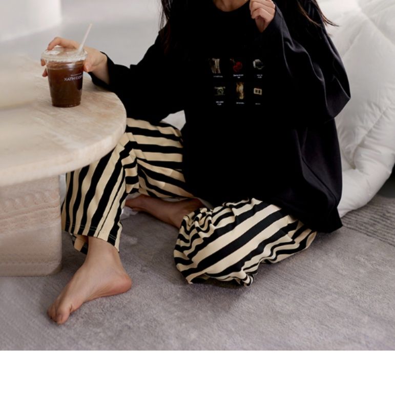レディースルームウェアセットアップゆったり縞模様長袖