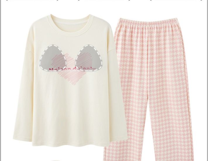 レディース ルームウェア ハート刺繍入りカップ付き長袖上下セット