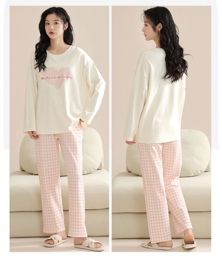 レディース ルームウェア ハート刺繍入りカップ付き長袖上下セット