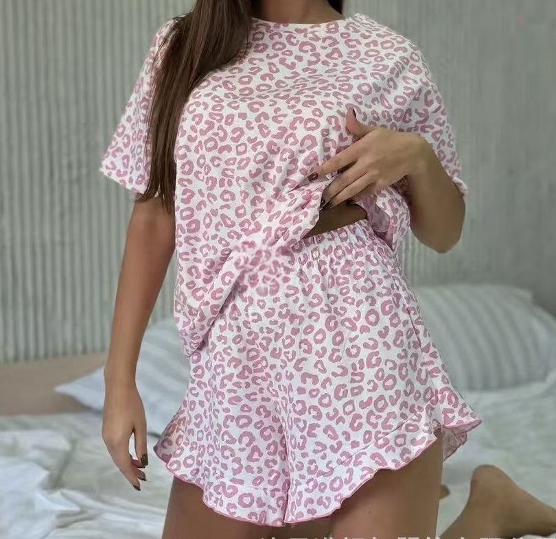 レディース ルームウェア レオパード柄フリル付きゴムウエストショートパンツ