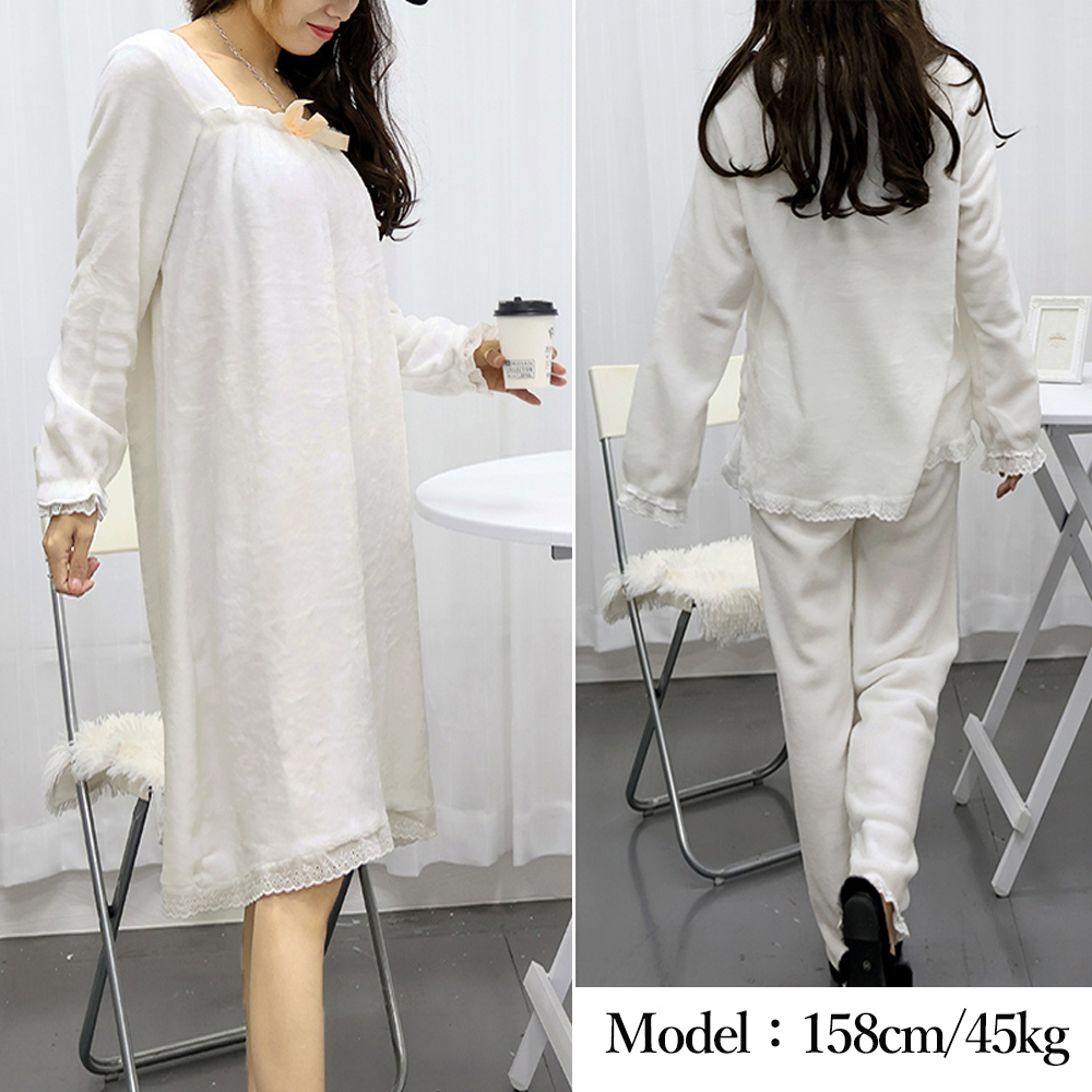 レディース ルームウェア 白いレース付き長袖パジャマ 韓国風ルームウェア
