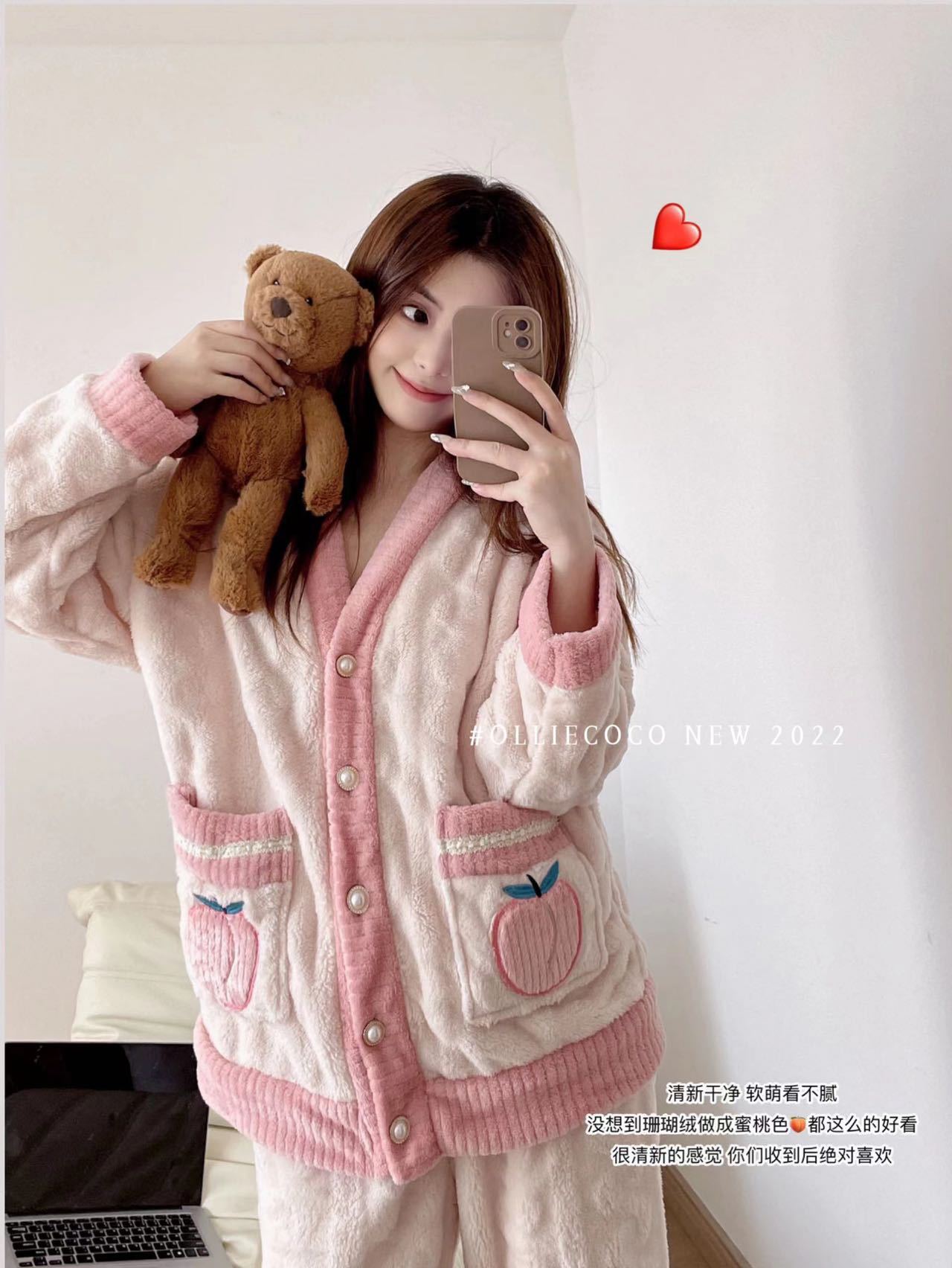 レディース ルームウェア いちご柄裏起毛パジャマ冬用暖かルームウェア