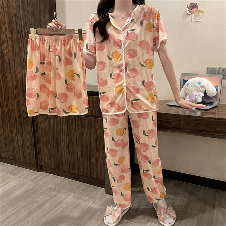 レディース ルームウェア 桃柄可愛い半袖パジャマ3点セット