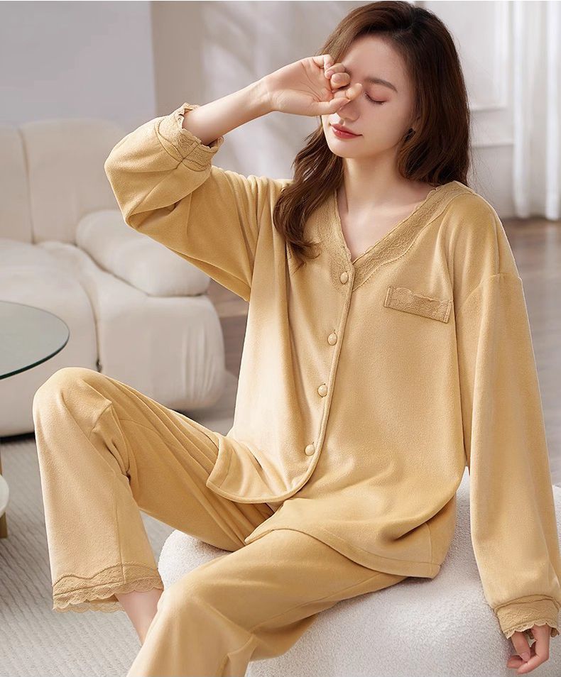 レディース ルームウェア レース襟付き長袖パジャマ上下セット