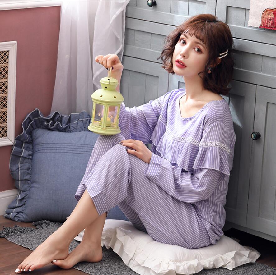 レディース ルームウェア 秋冬レディースフリル付きストライプパジャマセット