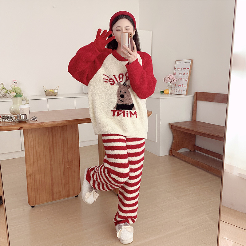 レディース ルームウェア長袖もこもこトナカイ刺繍ボーダーパンツ