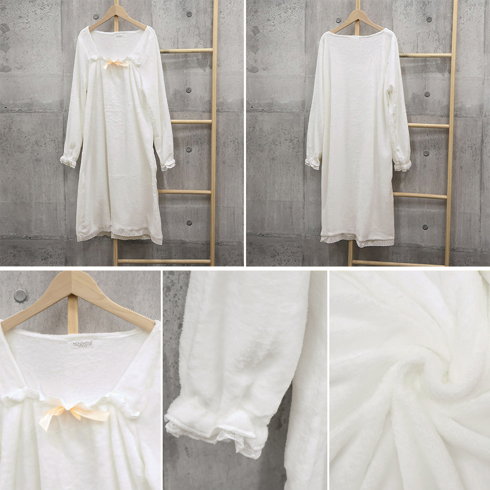 レディース ルームウェア 白いレース付き長袖パジャマ 韓国風ルームウェア