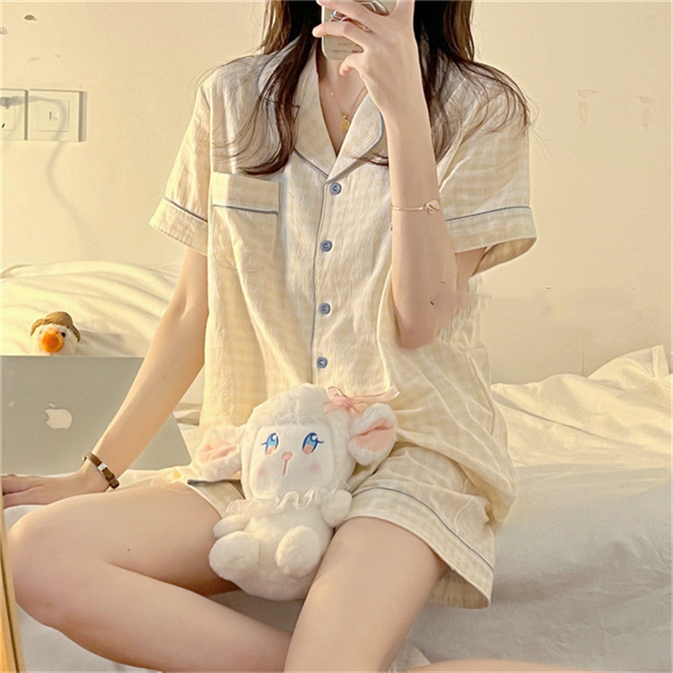 レディース ルームウェア チェック柄レース付き前開きパジャマセット