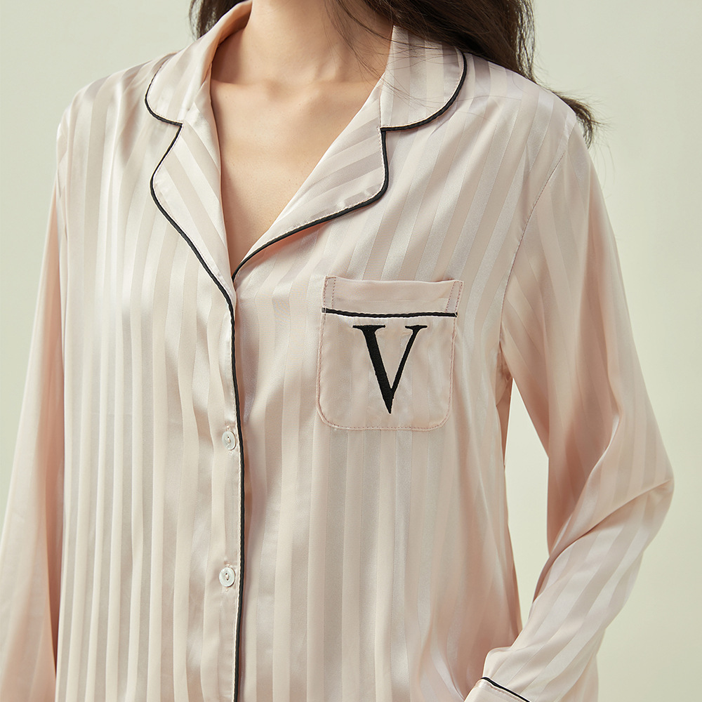 レディース ルームウェア前開きサテンストライプ襟付き長袖パジャマ上下セット