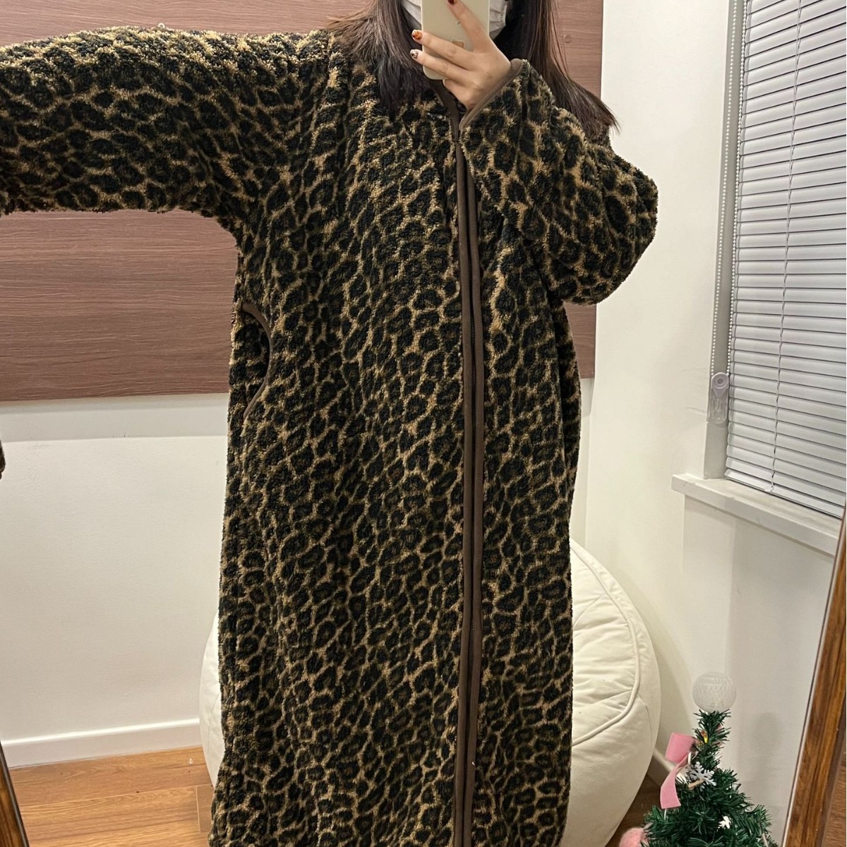 レディース ルームウェア 豹柄フード付きもこもこルームウェア