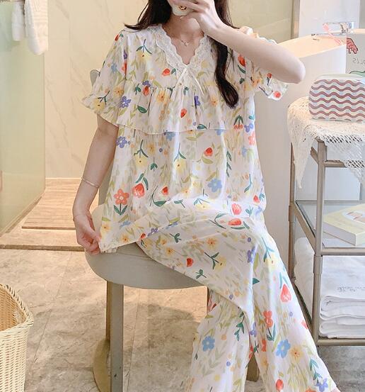 レディース ルームウェア 花柄ワンピースパジャマ レース襟半袖ルームウェア二色