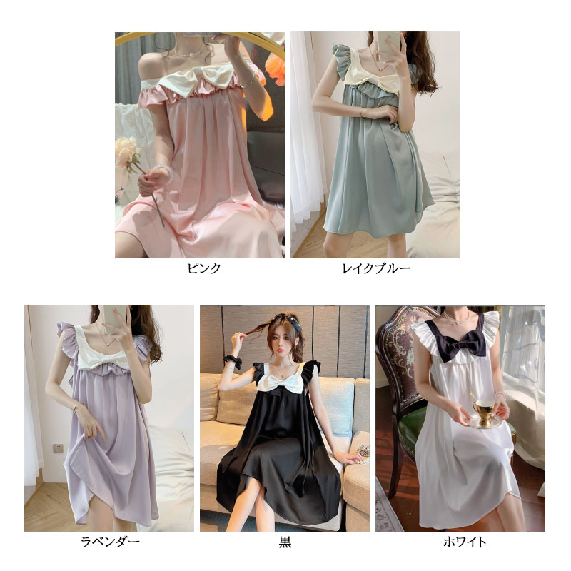 レディース ルームウェア 冷感素材ルームワンピース 大きなリボン付き部屋着