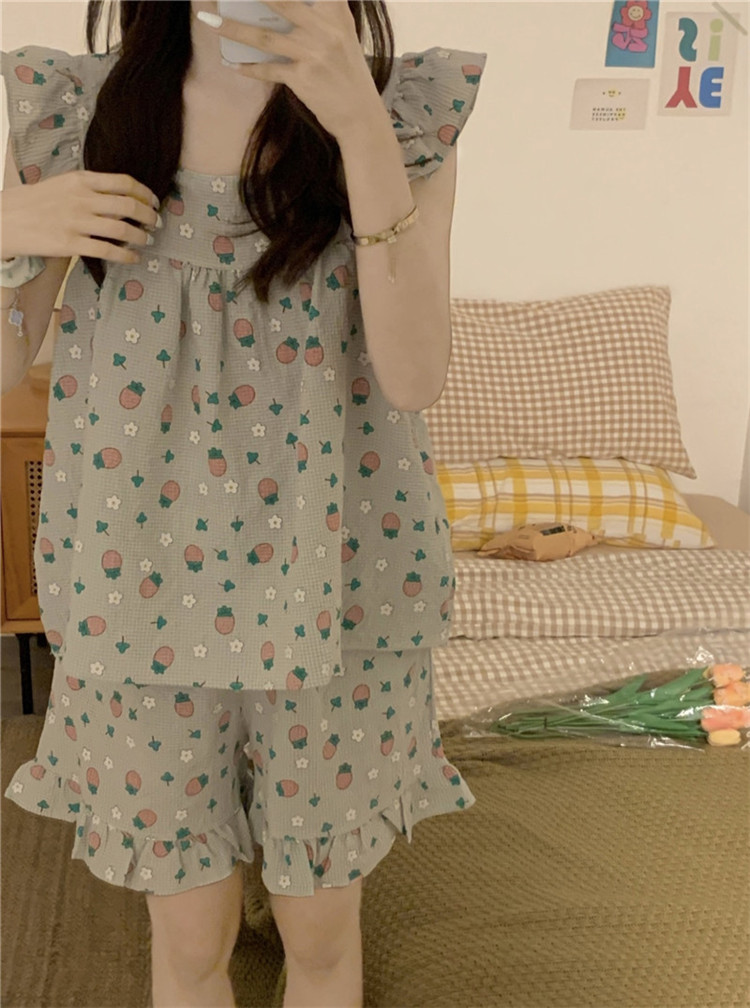 レディース ルームウェア 可愛いフリル付き花柄プリントルームウェア上下セット