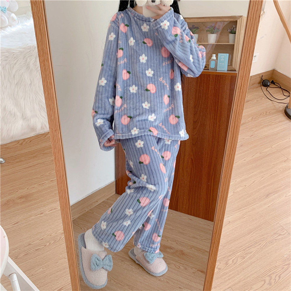 レディースルームウェアセットアップ桃柄もこもこ長袖パジャマ