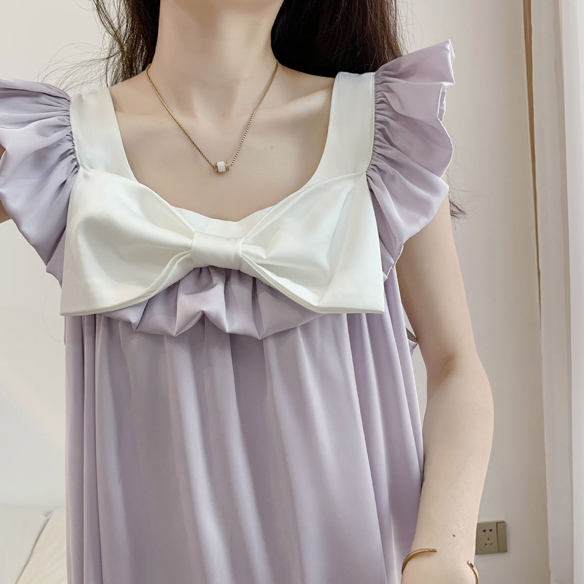 レディース ルームウェア 冷感素材ルームワンピース 大きなリボン付き部屋着