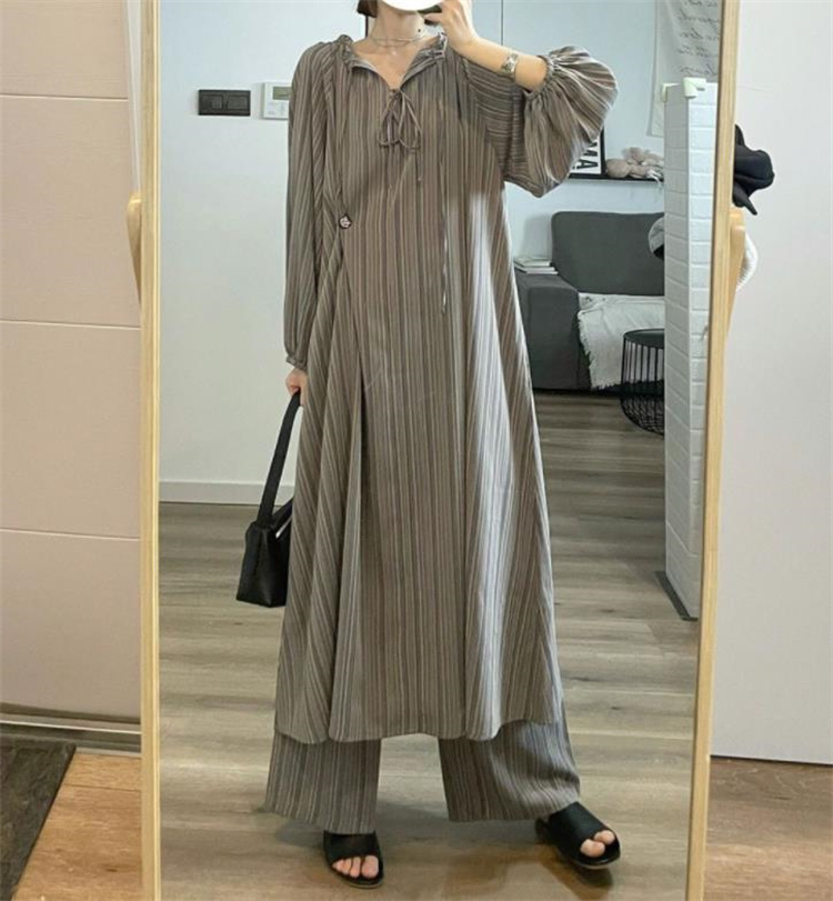 レディース ルームウェア 秋冬ストライプ長袖パジャマセット ロングワンピース